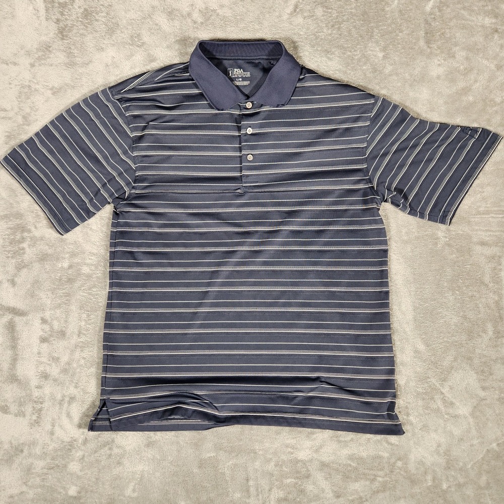 PGA Tour Polo Shirt Men's Large Blue Striped Excellent Golf Short Sleeve L‎